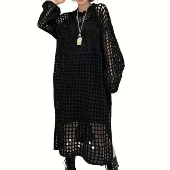 Open Knit Hollow Long Sweater Dress - Picture 1 of 12